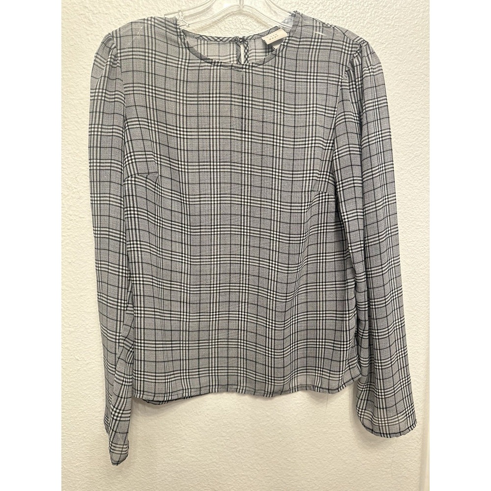 A NEW DAY Women Blouse Top Sz S Black White Plaid Long Sleeve Lightweight Office